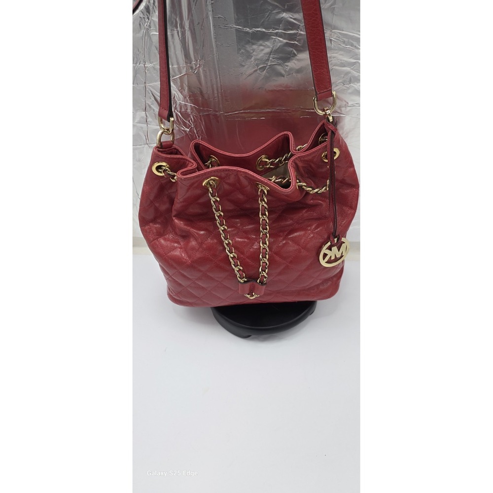 Michael Kors Red Quilted Leather Bucket Bag Gold Chain Drawstring Crossbody
